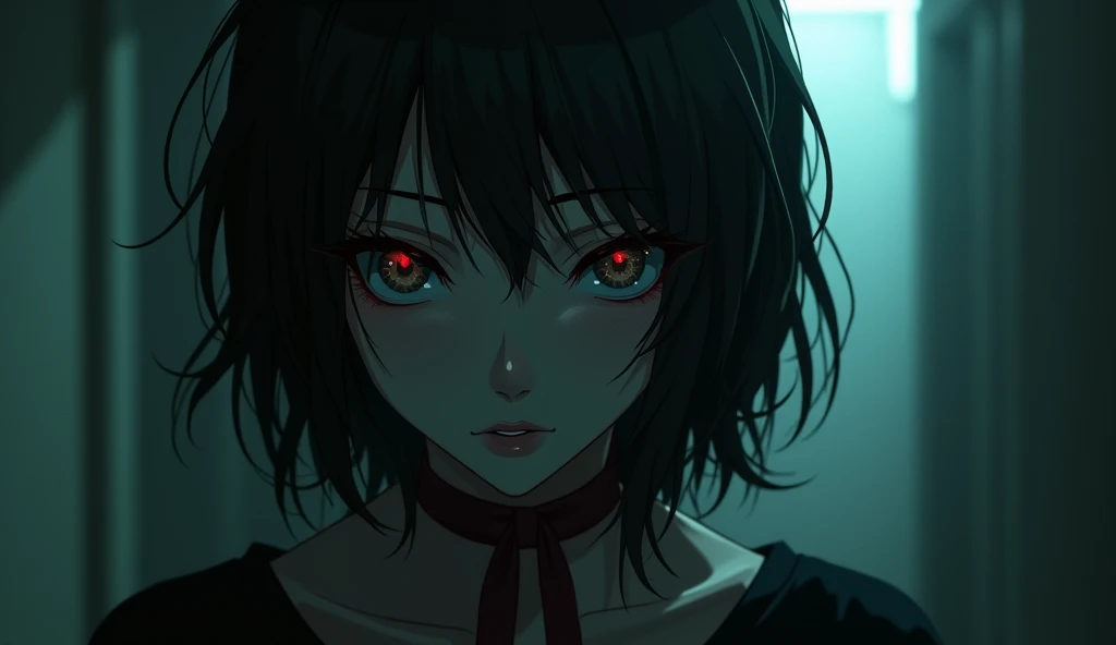 (best quality, masterpiece, ultra detailed), (anime:1.5)、woman is the main character、mysterious、Suspenseful Tone、Dark tones and shadows、A little creepy atmosphere、Surrealism、Dark fantasy、 Scenes where the main character changes appearance。Showing the transformation using special makeup and CG。