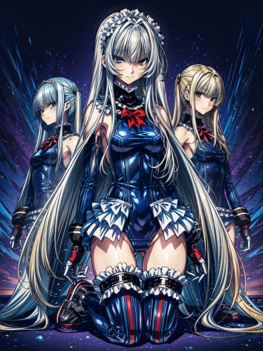 Perfect Anatomy, Highest quality, Rose,,Provocative attitude
(Inside a futuristic base:1.1)(Emotionless,Expressionless:1.4),Anime Style,(Frilled swimsuit, Knee socks, Removed sleeve), (Anime Style:1.4) ,(Three Girls:1.5),
Silver Hair,(White fingers:1.1,Black gloves),Very long hair,Evil Aura,(台の上に横たわる:1.4),full body,