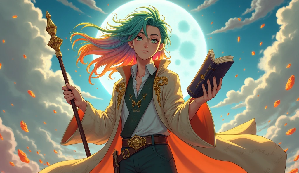 A male teenager. He is holding in his left hand the Monkey King's staff and in his right hand a book by Moby Dick. His skin is white as paper and has several things written in several languages on his skin. He is wearing a cloak made of papyrus held together by a golden scarab. His clothing is somewhat reminiscent of the Victorian era. His hair is long and looks like it is floating. It has the colors of the rainbow and is glowing. His eyes are like buttons. In the background, you can see a baby Cerberus flying with an astronaut's junk. He is in the Avengers ship. The image has to be in anime.