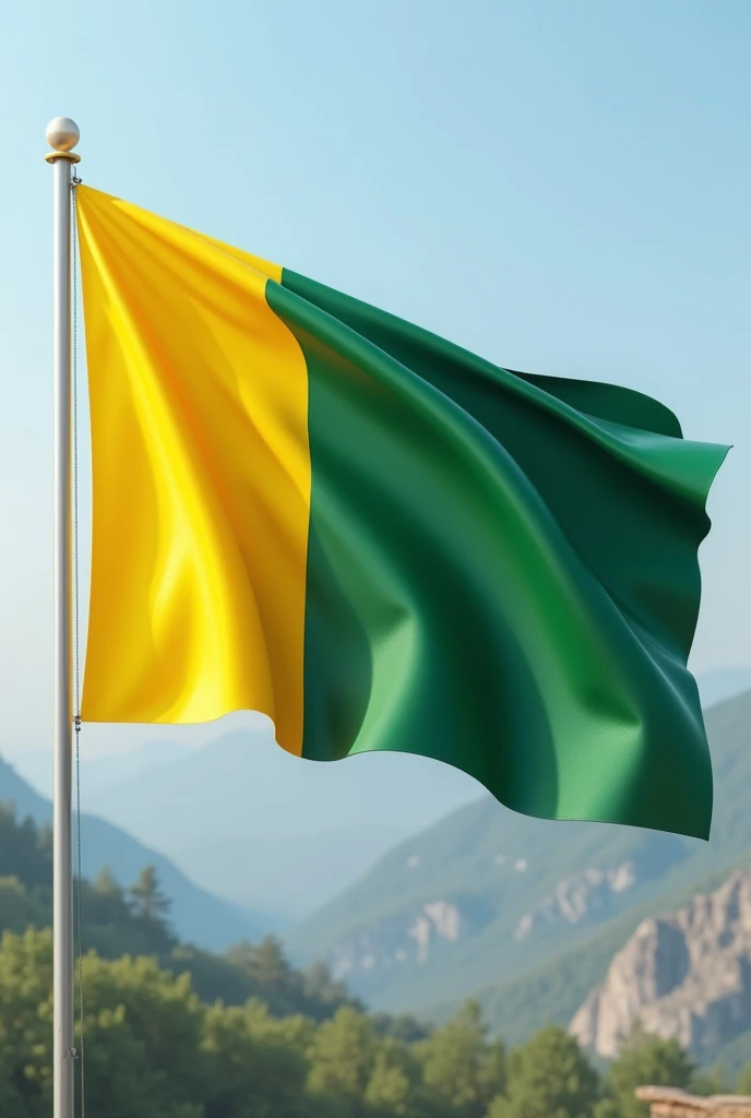"Create a realistic, high-quality 4K image of a waving flag on a flagpole. The flag should have two vertical color blocks with yellow on the left side and green on the right side, matching the given reference. Ensure the colors are aligned exactly as specified, with no symbols or text on the flag. The image should capture the motion of the flag as it waves naturally in the wind, showing folds and shadows for a realistic effect."