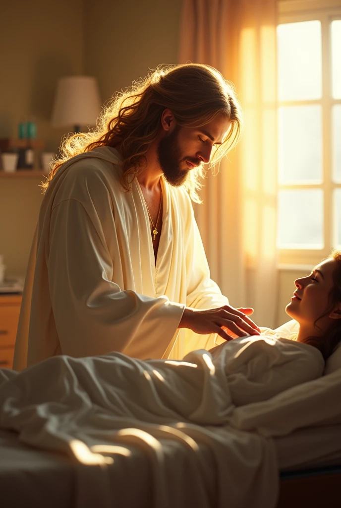 (photorealism:1.2), Handsome Jesus Christ, sitting on bed on sickness person holding his hand, wearing the white color of beautiful king clothes, the light in his head and heart is sparkling, nice hair, indoors, soft lighting, hospital of bed ridden in the background, window with sunlight, cozy room, relaxed pose, realistic, intricate details, warm colors,