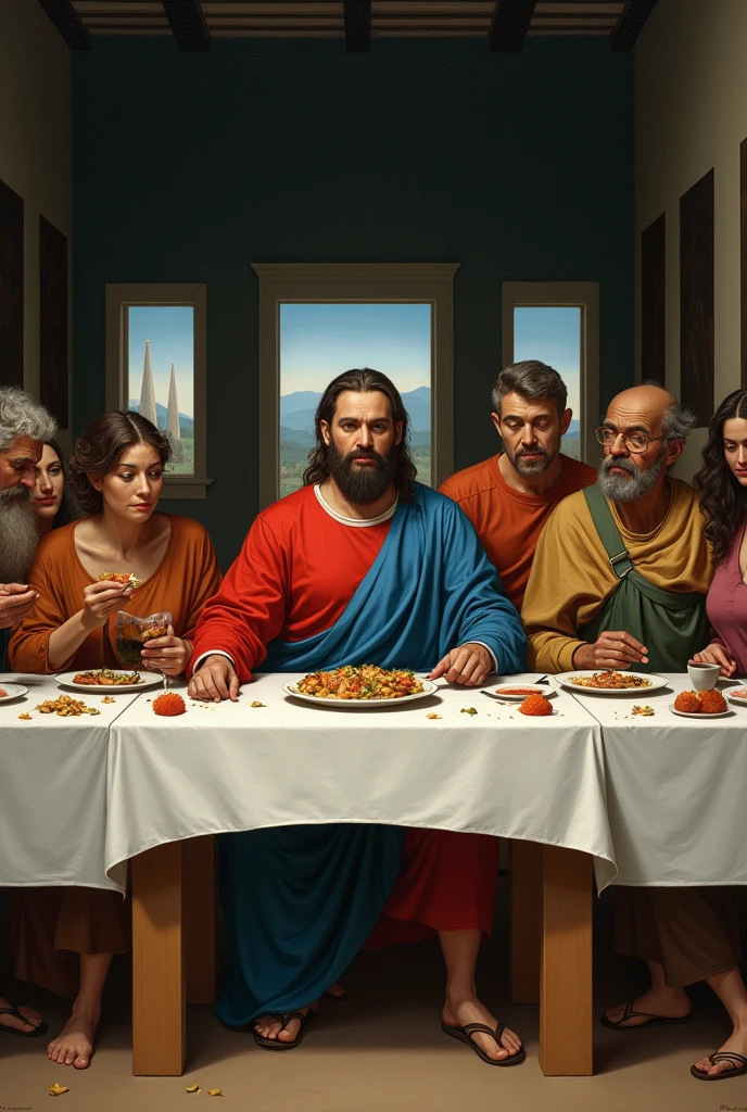"the last supper" reinterpreted: A table with people of different backgrounds and ages sharing a meal, with a background inspired by the aesthetics of "the last supper", symbolizing communion and divine presence in human coexistence, without losing the aesthetics of Renaissance arts.