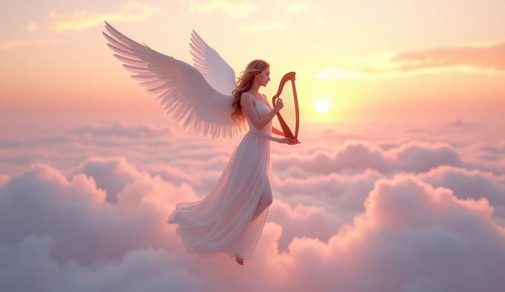 A beautiful angel with pure white wings dances gracefully above a sea of clouds. Her skin glows with a soft radiance, and she wears a revealing, sheer silk gown that drapes elegantly around her. The background features a stunning sunset sky with soft pink and orange hues casting a warm glow over the clouds. The focus is on the angel's hands delicately playing a harp, with a gentle breeze lightly tousling her flowing hair. Aim for realistic depiction, make sure photos are at highest resolution (8K)