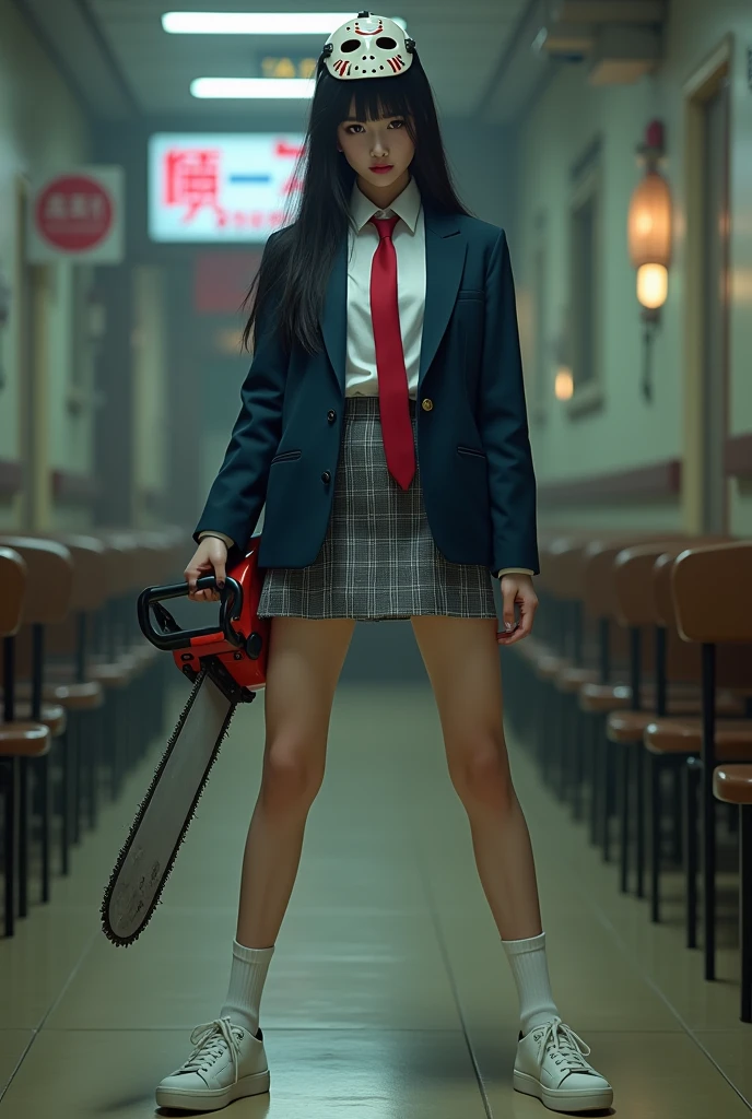 Ultra-realistic, Wide Shot, 1. Female, Japanese , Straight Long Hair, Wearing a Jason mask, A navy blue blazer with a red ribbon tie over a white dress shirt, Checked mini skirt, White calf socks and white sneakers, He has a chainsaw in his right hand, Chiaki Kuriyama, Gogo Yubari, Kill Bill, indoor, Bokeh effect, Depth of written boundary, Ultra-realistic, Professional photography, Cinema Lighting