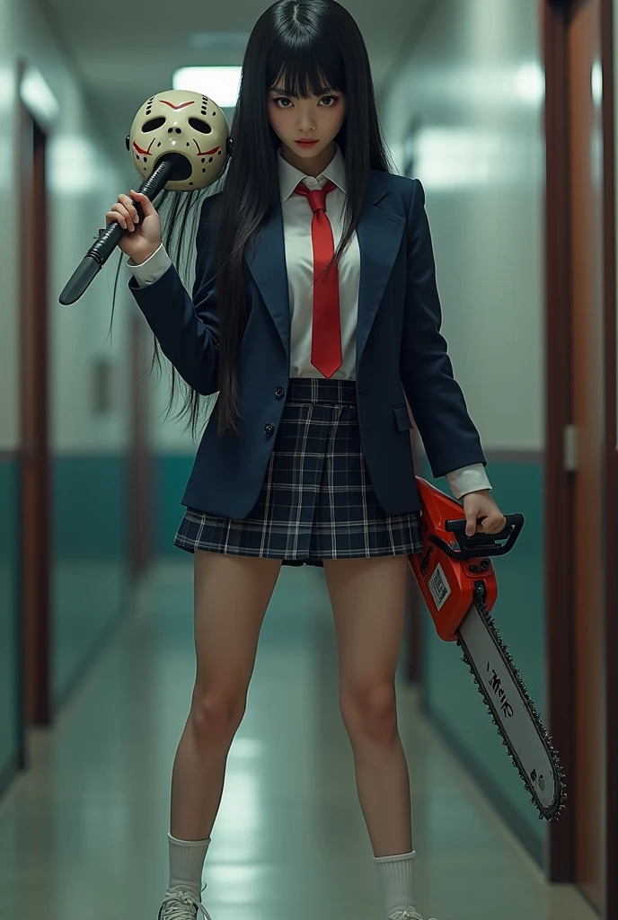 Ultra-realistic, Wide Shot, 1. Female, Japanese Teen, Straight Long Hair, Wearing a Jason mask, A navy blue blazer with a red ribbon tie over a white dress shirt, Checked mini skirt, White calf socks and white sneakers, He has a chainsaw in his right hand, Chiaki Kuriyama, Gogo Yubari, Kill Bill, indoor, Bokeh effect, Depth of written boundary, Ultra-realistic, Professional photography, Cinema Lighting