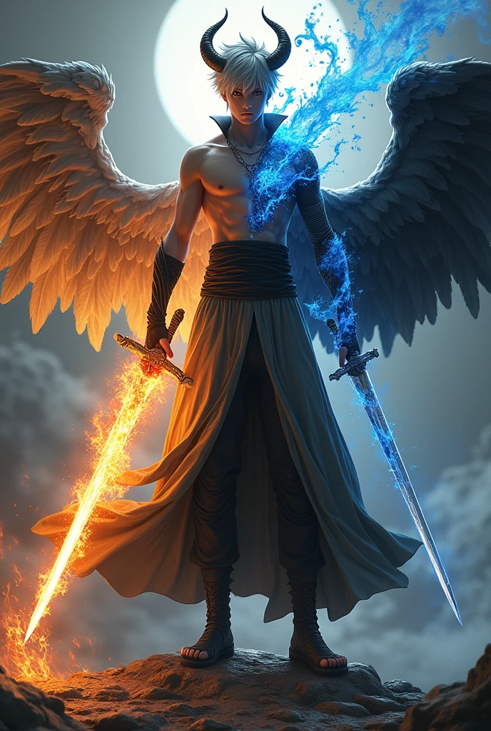 someone who has 2 sides of light and darkness, has the power of wind, fire and water, have sharinggan and rinengang eyes, have horns, medium body like a human, handsome and dashing, short hair,human ear, have wings, have a strong sword