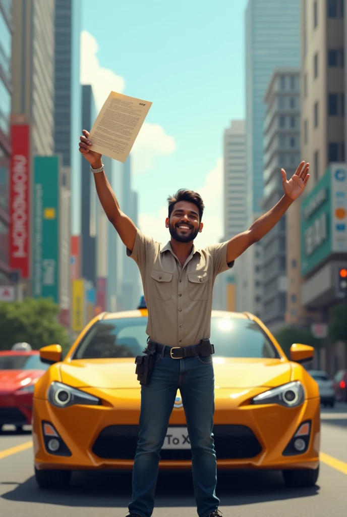 A taxi driver in front of his taxi with a winning face holding only a piece of paper in his right hand in a city like São Paulo