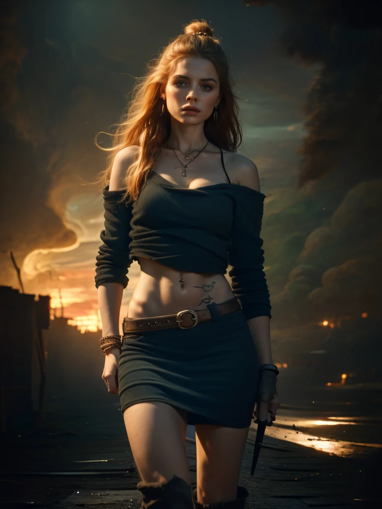 very detailed, 16K high resolution, incredibly detailed image, cinematic, best quality, masterpiece, realistic, detailed face, detailed background, dramatic lighting, A girl, 2, she is alone, beautiful, natural ginger hair, straggly and messy wavy hair. Extremely detailed facial expressions with sharp and piercing green eyes. A delicate, slightly cheeky face, subtly made up. ((She is tattooed and pierced, large tubes in her ears.)), She has (very small breasts) and a slim figure, in good shape. Dark lighting conditions, the world is destroyed after a war (end-time mood like in Mad Max). She is in an old destroyed city. Flames and clouds of smoke in the background. She wears worn-out clothes consisting of a torn black, cropped hoodie top, a broken miniskirt and dusty ankle-high boots. She has a belt around her waist with a small bag and a knife attached to the side. She carries a Viking sword on her back.