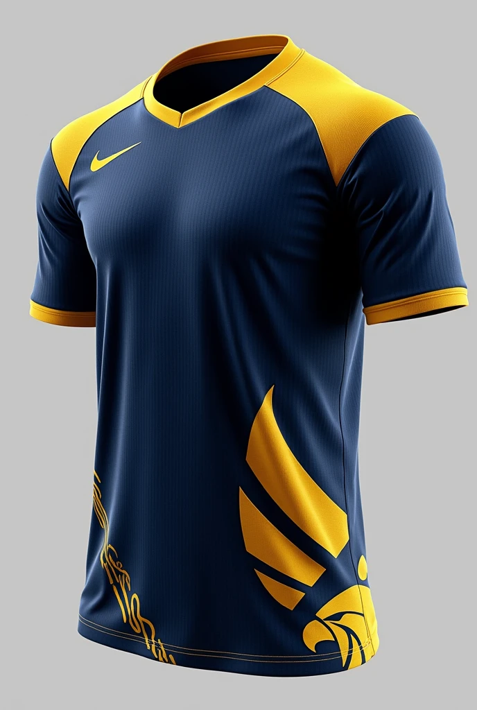 Create an Atlanta City Sports Jersey with dark blue and yellow colors and details, and with a geometric eagle in the lower corner of it, detailed but not too extravagant