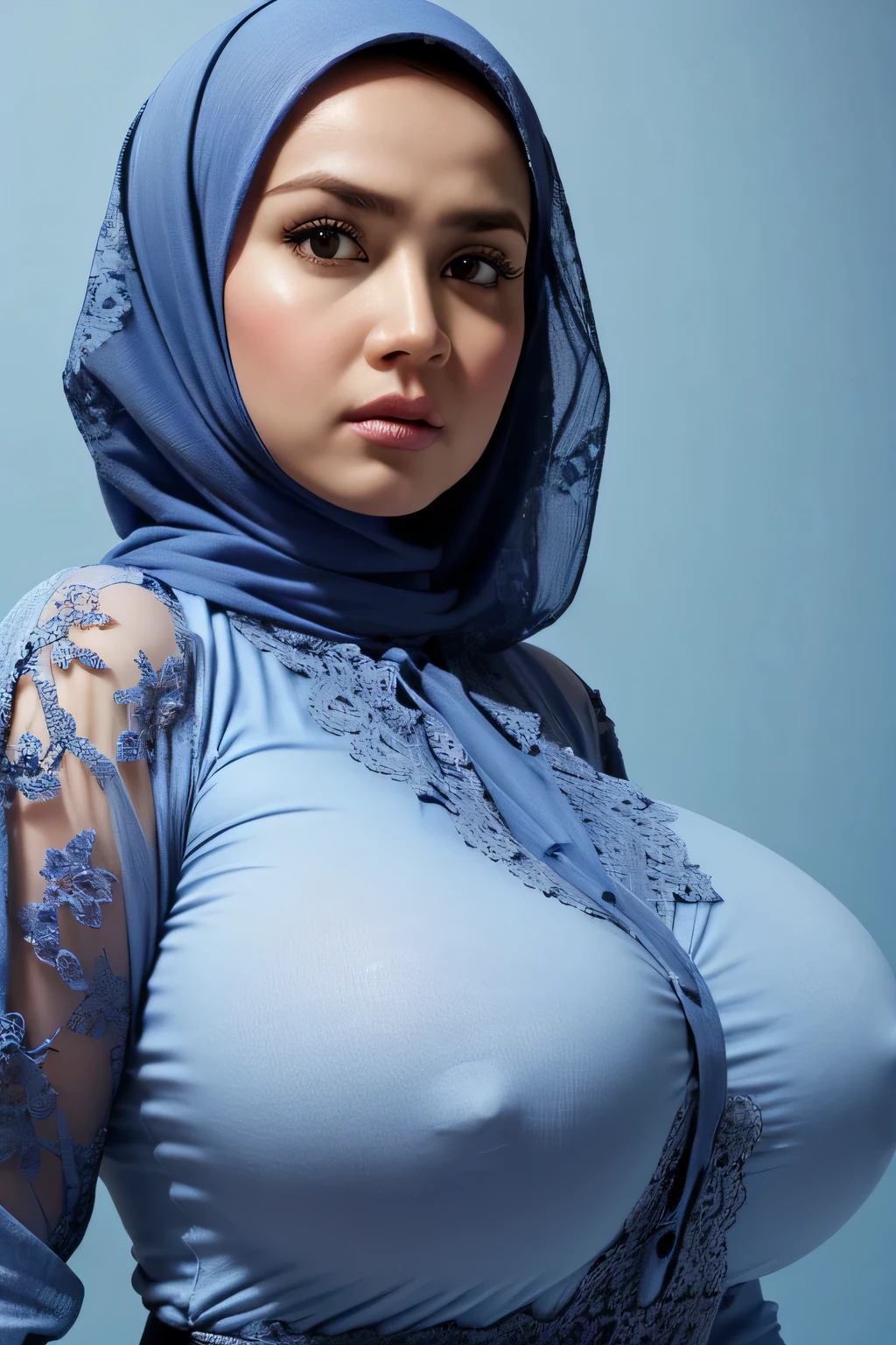 Jumbo (Oversized), Chubby adorable, 1 girl, (face to face), , baby face, angry face expression, half body portrait, (face details: 1), (eye details: 1), ((big breasts)). wearing transparent transparency soft long shirt, hijab, .. Cute posed. proportional body. Ultra High Res. realistic: 1.4, UHD, ((lace pattern)), ((Bigger:2.3)), (((LIGHT BLUE BACKGROUND)))