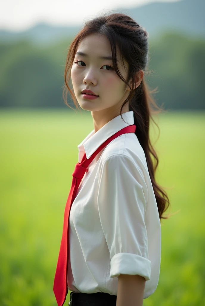 There is a woman wearing a red tie standing in the field, soft Portrait 8k, A young Asian woman, Shot with Canon EOS R5, Shot with Canon EOS R 5, Shot with Canon EOS 5D Mark IV, Portrait 8k, Shot with Canon 5d mk4, Shot with Sony Alpha 9, Portrait of a Japanese ager