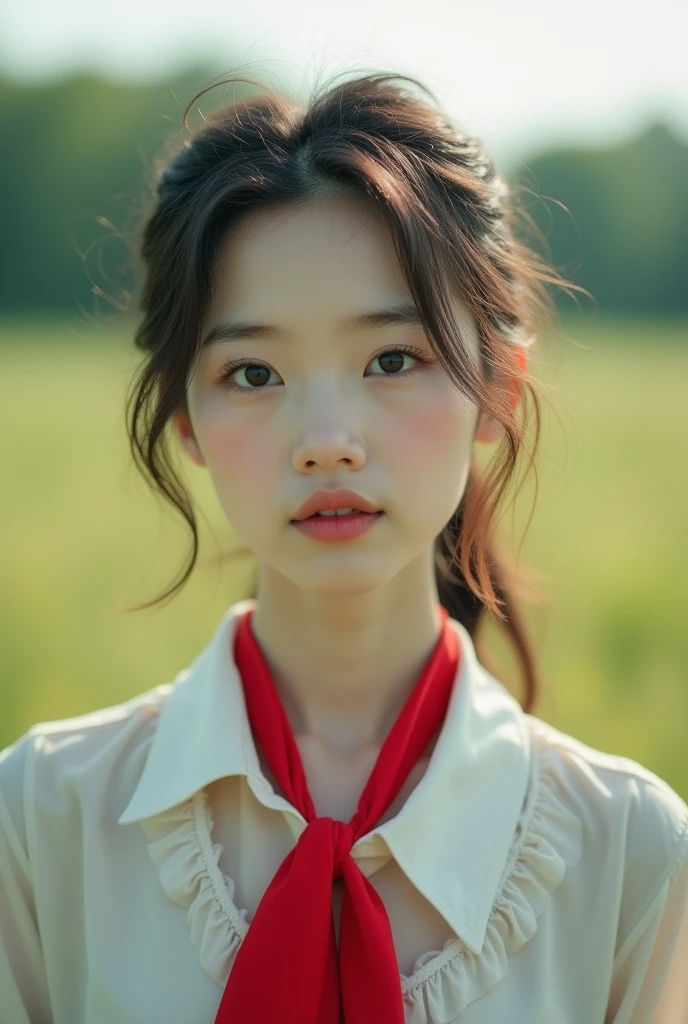 There is a woman wearing a red tie standing in the field, soft Portrait 8k, A young Asian woman, Shot with Canon EOS R5, Shot with Canon EOS R 5, Shot with Canon EOS 5D Mark IV, Portrait 8k, Shot with Canon 5d mk4, Shot with Sony Alpha 9, Portrait of a Japanese Teenager