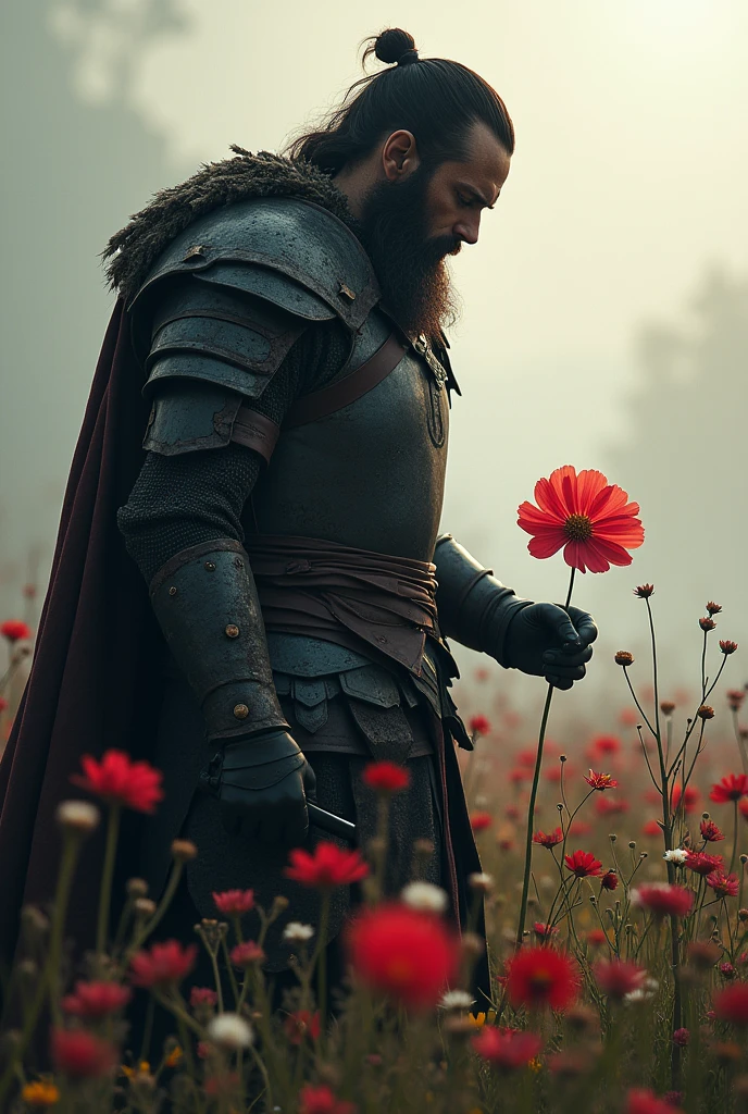 A warrior uprooting a single cosmos flower in the battlefield