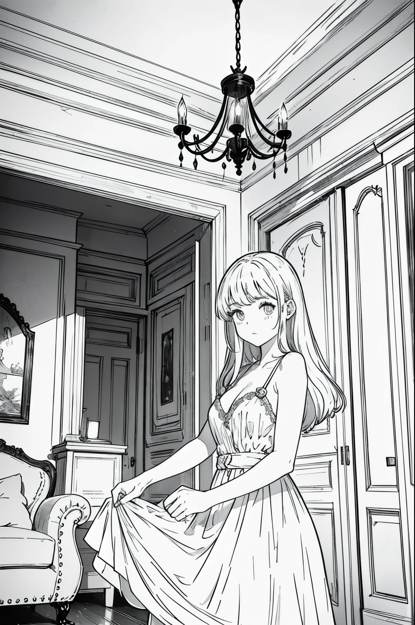 Shooting from below at an angle, monochrome tone, high detail, edge detection, sharpness, high contrast, highlights, beautiful girl, small face, cleavage, blonde hair, off-the-shoulder dress, simple dress, rim light, fill-in light, cinematic light, ultra-wide angle, suite room.