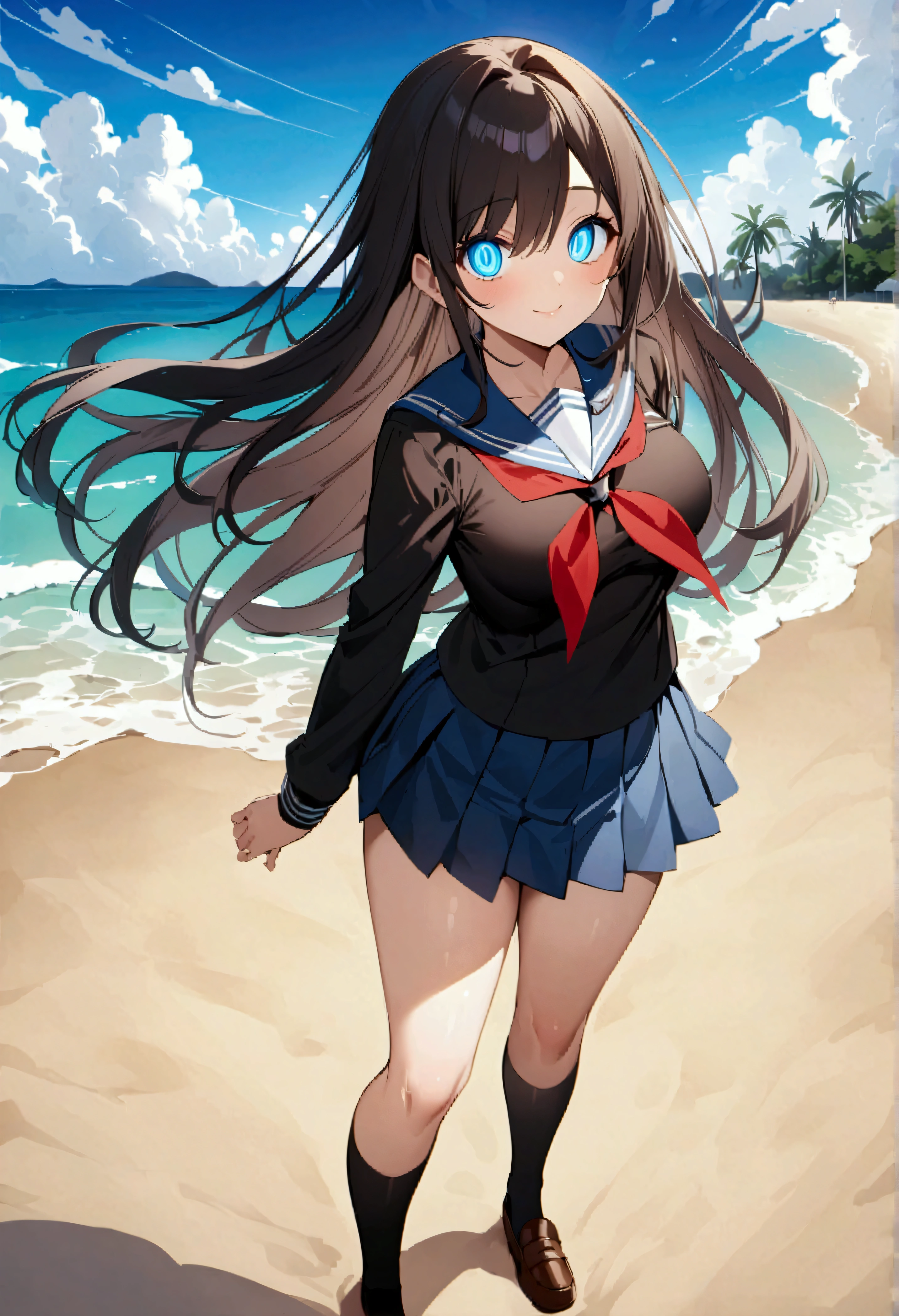 score_9、score_8_up、score_7_up、score_6_up、score_5_up、score_4_up、、Misa Suzuhara、Long Hair、Black Hair、Very long hair、Hair between the eyes、skirt、school uniform、プリーツskirt、Sailor suit、socks、Firm breasts、 1 person、One person、Watching the viewer、masterpiece、High resolution、Highly detailed face、Highly detailed glowing eyes、Symmetrical and highly detailed eyes、whole body、foot、Beach、sand