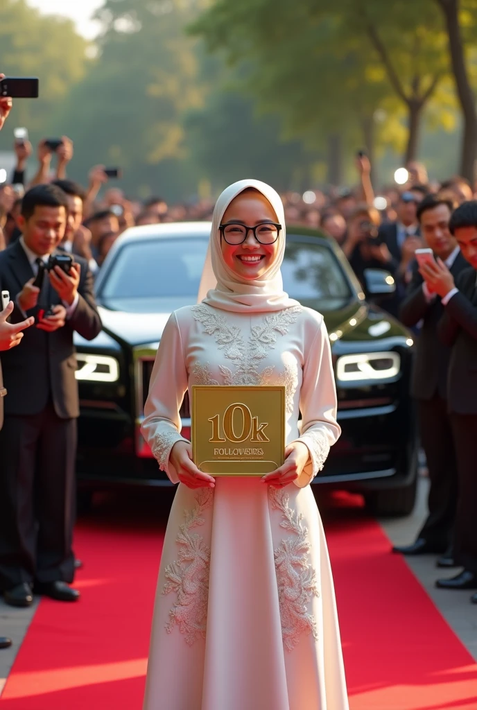 Original photo. young Indonesian woman wearing a hijab. happy smile expression wearing glasses. beautiful sharia dresses. down from the door a luxury black Rollroys. walking on the red carpet holding a large rectangular gold metal engraved with "10K FOLLOWERS" on the left and right, there were many 100 people and journalists photographing them with flash flashes. holding a camera and cellphone as if to chase him. Ultra-realistic 8K, shot with Leica Q2, strong color contrast and sharp clarity --quality 2 --