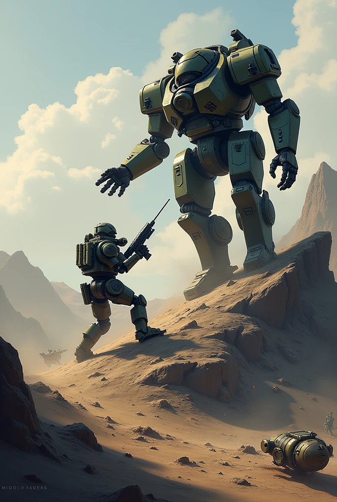 Create a image war robots battle field where 2 robots fighting each other one robot is on top of hill and other is down of the hill and beside of this robot half plane lying on the land create a image in isometric which was to draw this i just mentioned to you