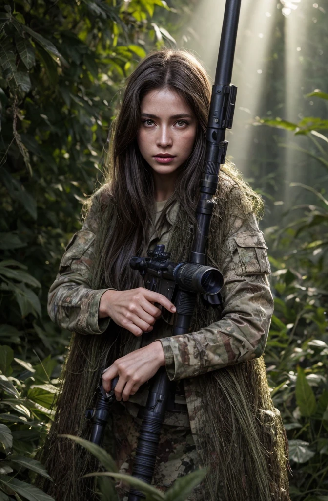 4K image of female sniper hiding in leaves., Wear a ghillie suit., Wear a sniper style camouflage uniform. ,Dark color, Masterpiece, Soft lighting and atmosphere, (god rays)