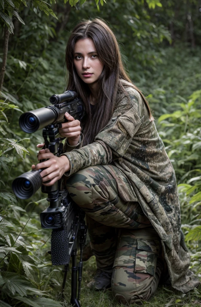 4K image of female sniper hiding in leaves., Wear a ghillie suit., Wear a sniper style camouflage uniform. ,Dark color, Masterpiece, Soft lighting and atmosphere, (god rays)