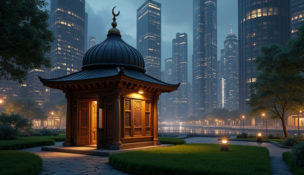 A tiny mosque with wooden wall hut architecture in the middle of skyscrapers but surrounded by a neat grass garden at night.