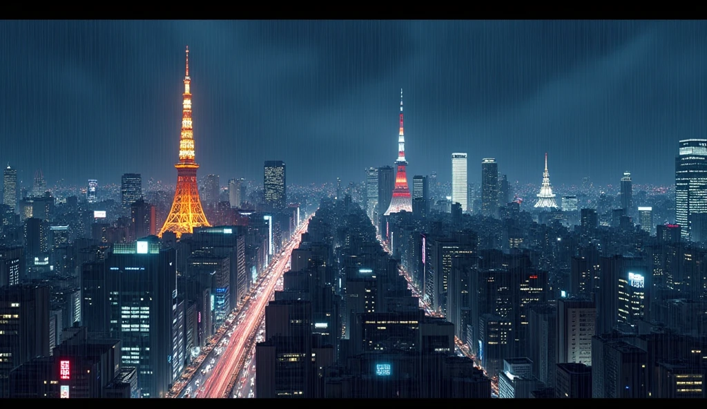 Generate a nighttime panorama of Tokyo, featuring the city's iconic skyline during a gentle rain. Highlight key landmarks like Tokyo Tower and Tokyo Skytree, both illuminated and standing out against the dense urban backdrop. Include the bustling streets of Shibuya with its neon lights, and a glimpse of traditional elements like a distant temple or shrine nestled among modern buildings. The wet streets should reflect the glow of city lights, creating a moody and tranquil atmosphere. Capture the essence of Tokyo as a city where modernity meets tradition, perfect for a lo-fi music background.