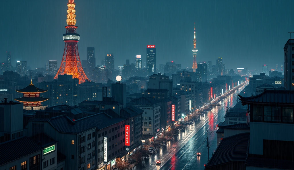 Generate a nighttime panorama of Tokyo, featuring the city's iconic skyline during a gentle rain. Highlight key landmarks like Tokyo Tower and Tokyo Skytree, both illuminated and standing out against the dense urban backdrop. Include the bustling streets of Shibuya with its neon lights, and a glimpse of traditional elements like a distant temple or shrine nestled among modern buildings. The wet streets should reflect the glow of city lights, creating a moody and tranquil atmosphere. Capture the essence of Tokyo as a city where modernity meets tradition, perfect for a lo-fi music background.