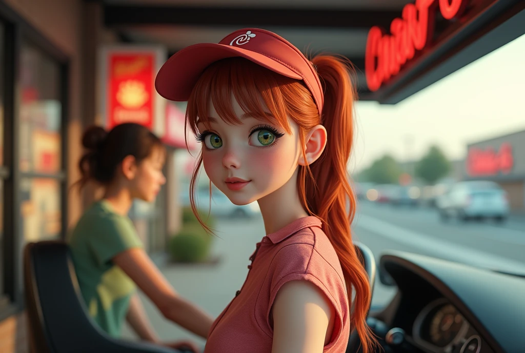 1girl, unbelievably stunning, yo, (slender petit frame:1.2), (large naturally sagging breasts:1.2), braless, cleavage, beautiful detailed green eyes, redhead, (cute:1.1), very pale skin, (adorable:1.1), taking viewer's order in the drive thru car line while (standing outside the restaurant:1.3), Chick-Fil-A, cute uniform with short shorts and Henley shirt and (visor:1.1), (best quality,4k,8k,highres,masterpiece:1.4),ultra-detailed,(realistic,photorealistic,photo-realistic:1.34),HDR,studio lighting,vivid colors,bokeh,(girl's emotions: bashful, coy, demure, coquettish, kittenish,awkward),(viewer's emotions: aroused, attracted, lust, infatuation, fascination, seduced), (viewer watching her from the driver's seat of a car while ordering:1.2)