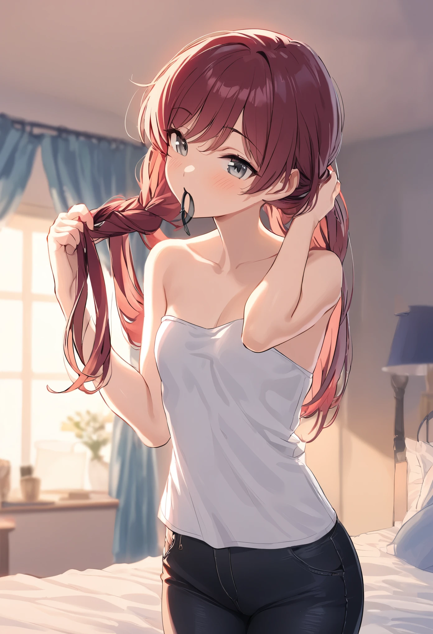 (masterpiece, best quality), 1girl, stoic, looking to the side, beautiful face, Gray eyes, Dark red hair, swept bangs, low twin tails, white ribbons, strapless gray shirt with white trim, black jeans, small breasts, toned arms, bedroom, adjusting hem of shirt, bedroom, bed, window with fluttering curtains, sunrise, arms up, tying hair, biceps,
