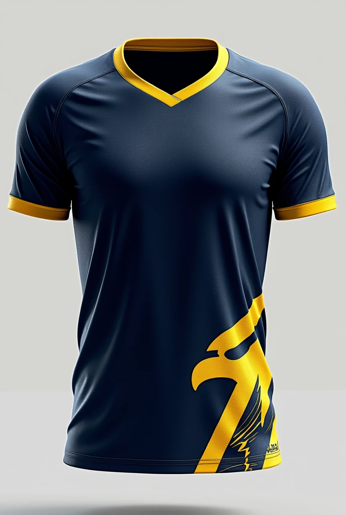 Create an Atlanta City Sports Jersey with dark blue and yellow colors and details, and with a geometric eagle in the lower corner of it, detailed but not too extravagant