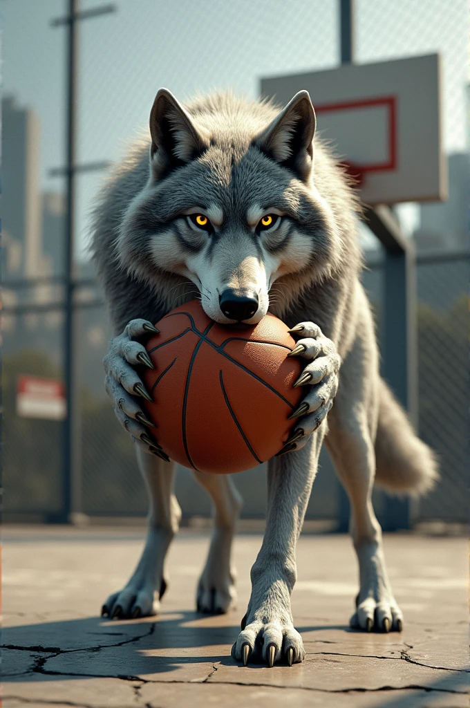 A wolf standing playing basketball