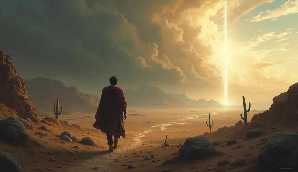 An evocative scene depicting a man's journey across a barren desert, symbolizing suffering and the search for faith. En el centro de la imagen, he walks with a look of determination and reflection, as dark clouds gather in the sky in the background, representing their internal struggles. on your right, a soft light emerges from a cloud, symbolizing divine presence and hope. Ao fundo, silhouettes of majestic mountains and a winding path that stretches to the horizon, suggesting the complexity of the human journey and the relationship with God. Elements like stones, cacti and a distant stream add depth to the landscape, reflecting the aridity of life and the promise of renewal."