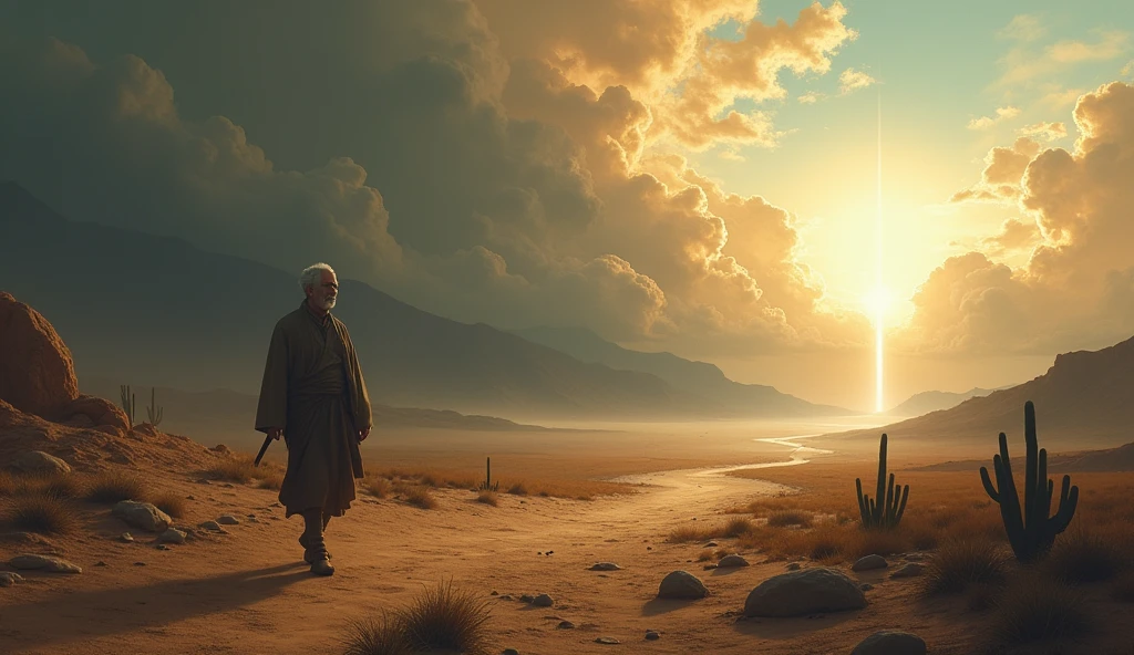 An evocative scene depicting a man's journey across a barren desert, symbolizing suffering and the search for faith. En el centro de la imagen, he walks with a look of determination and reflection, as dark clouds gather in the sky in the background, representing their internal struggles. on your right, a soft light emerges from a cloud, symbolizing divine presence and hope. Ao fundo, silhouettes of majestic mountains and a winding path that stretches to the horizon, suggesting the complexity of the human journey and the relationship with God. Elements like stones, cacti and a distant stream add depth to the landscape, reflecting the aridity of life and the promise of renewal."