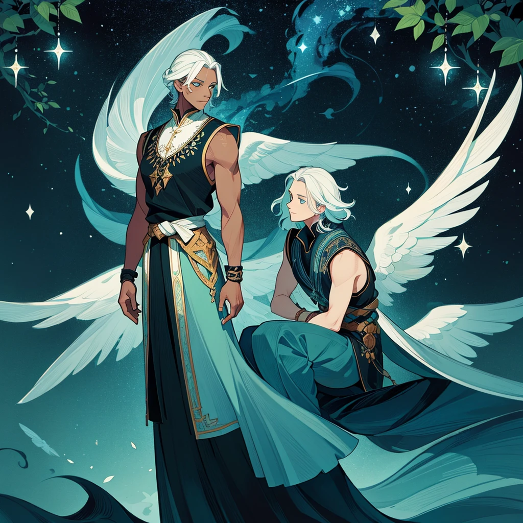 A Man with black skin and white hair, messy medium hair. Bright sky blue eyes. Green branches with elongated leaves.Black high-neck blouse, sleeveless, Dark blue tunic with green sparkles resembling a starry night sky, waist belt with bag. a large pair of wings. mystical atmosphere, delicate brushwork, magical scenery, Peaceful and serene. detailed clothing. nature background (best qualityer, high resolution, ultra detali).