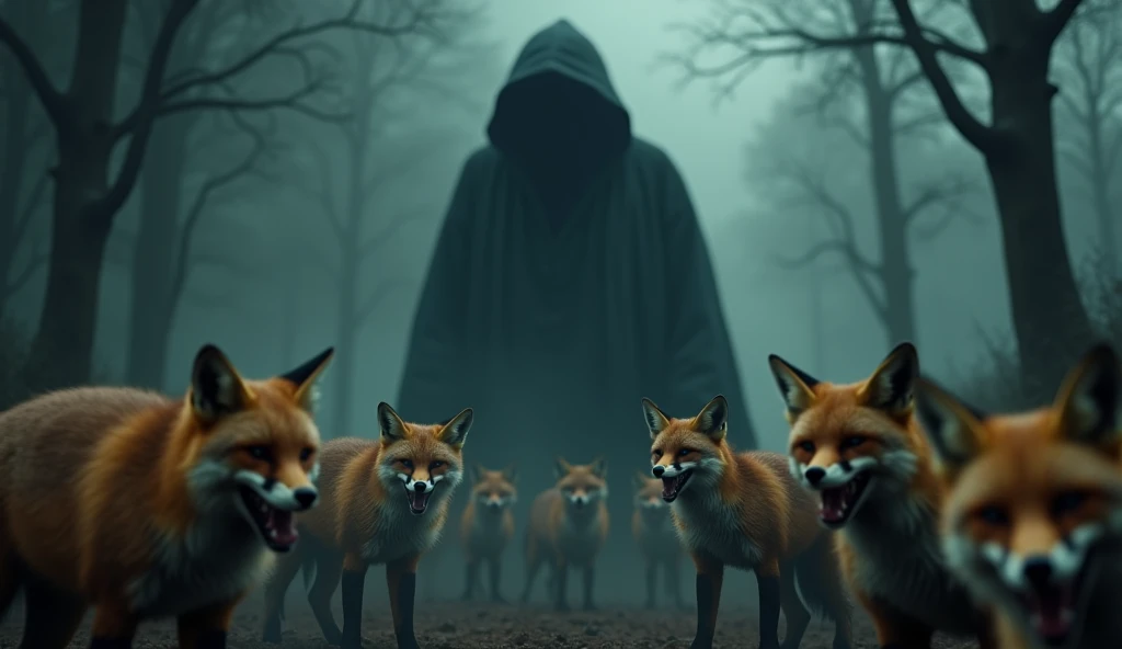 There is a shadow、Very Horror、Photorealistic、Ultra HD、Many foxes are smiling、Oblique front view、No people