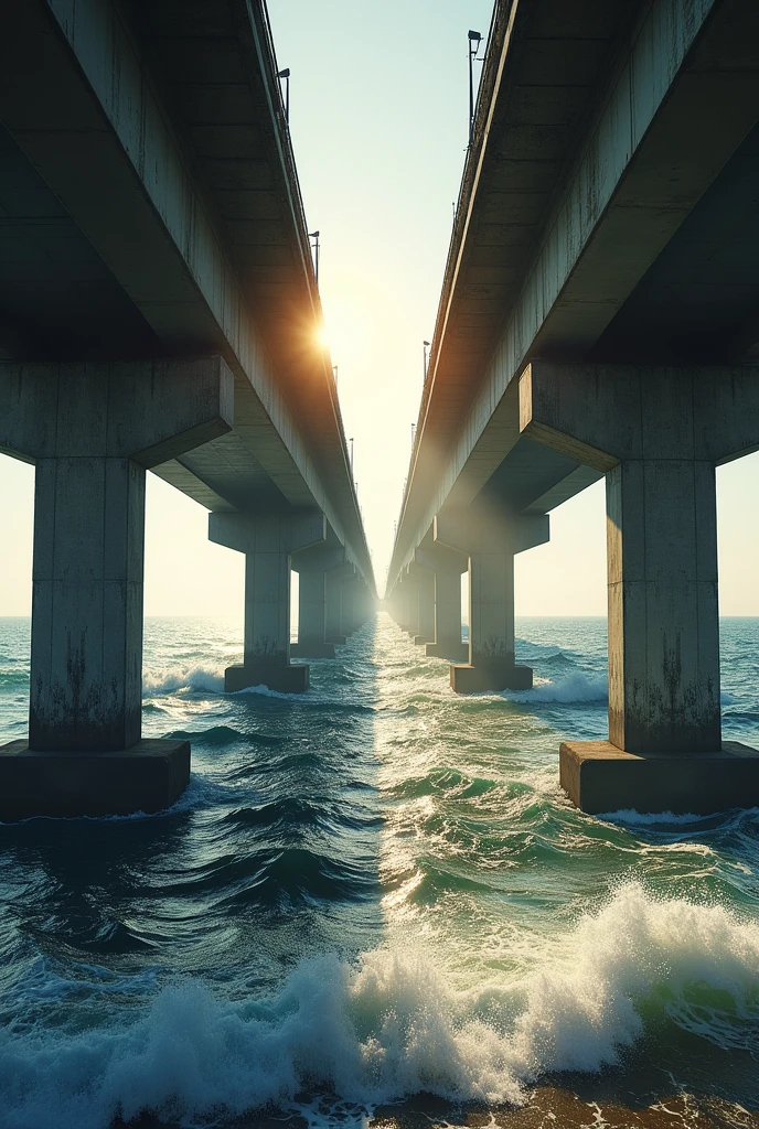 make a big bridge that is above the ocean, it is a basic concrete bridge, sem muitos detalhes, as if it were even old, It is big going to the horizon, you can see the sunlight entering it, make the image as if you were inside that bridge