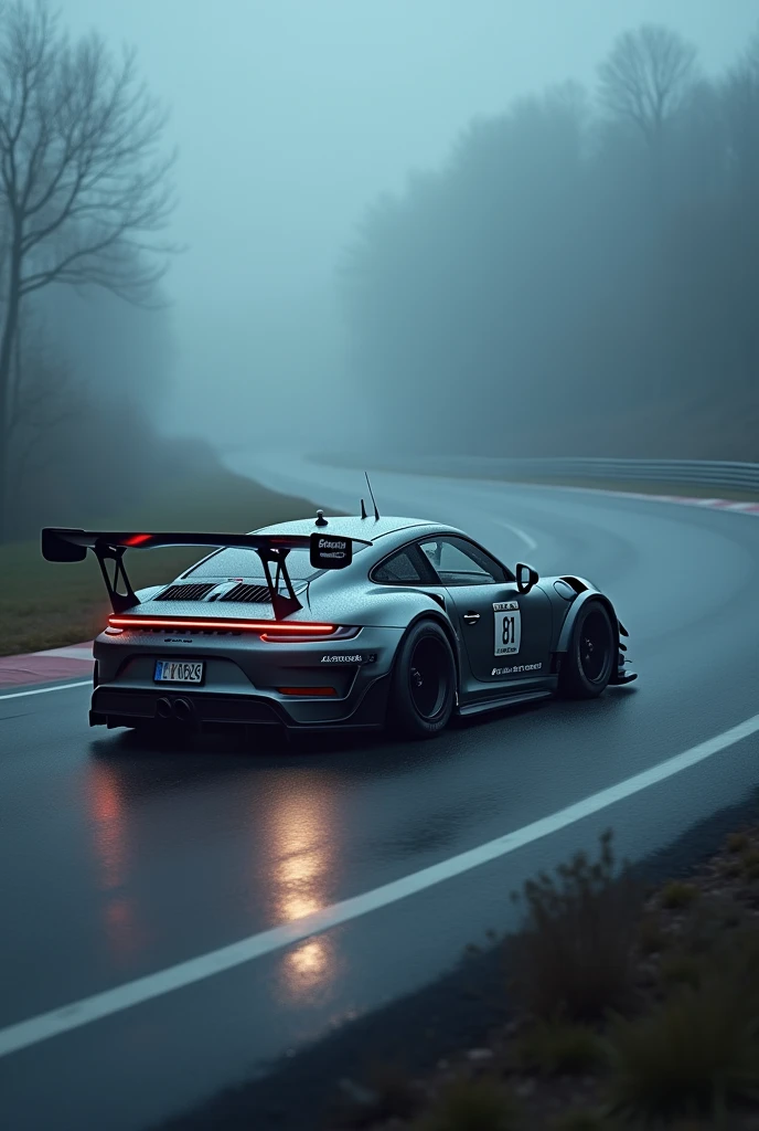 Porsche car in race track with foggy night and modified