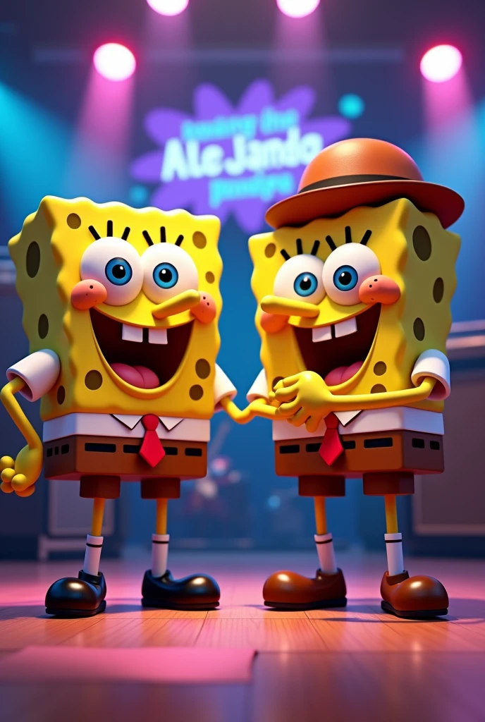 draws Sponge Bob in an animated way on a stage with the reggaeton singer Rauw Alejandro, with a sign that says "RAW ALEJANDRO X BOB ESPONJA"