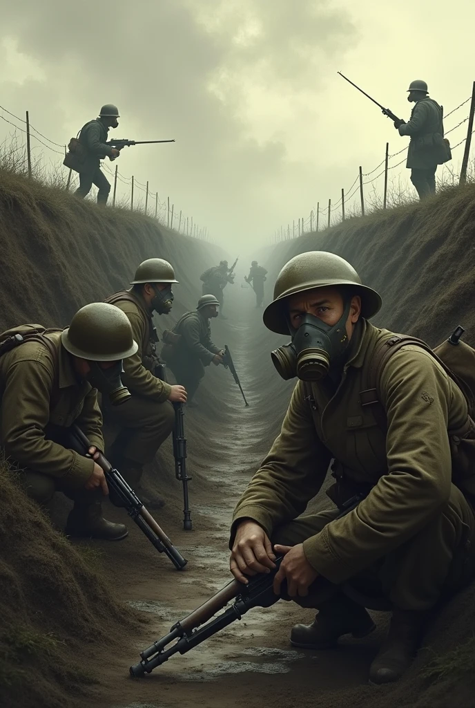 Hello, Please create a picture of World War I. realist. In the trenches. With gas masks, and that on the other side of the trenches are the enemies with gas masks and weapons.