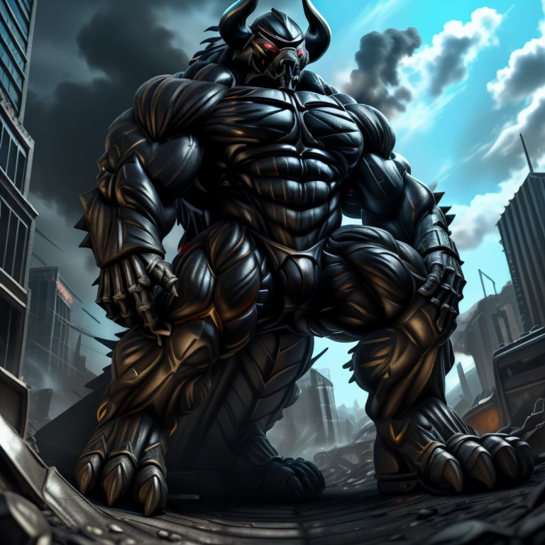 (masterpiece. official art. 8k. best quality. detailed full body. full body.)
(situation 1 : dominating demon lord dragon batzz. focus Colossus mechanical Muscular demon lord dragon batzz is trampling the CITY. macro. stomp. Low-angle perspective. emphasizing the immense size. The perspective is from below, emphasizing the sheer majesty and power of the Colossus. Colossus art. He is much bigger than a skyscraper. Giga Colossuss. micro soccer field. looking down.)

(situation 2 :smoke and flames rising from the destruction in the city)

(Additional details 1: wearing a full-face helmet. helmet is jet black. The color of NANOSUIT is jet black. high-tech bio-mecha armor. real texture material. whole body shines like metal. Wearing cyberpunk mecha. emphasizes the muscles. suit fully made of metal. intricate armor. Robotic suit. suit fully made of metal. NANOSUIT with the same design as demon lord dragon batzz.). (demon lord dragon batzz has 5 toes.)

(Additional details 2: (Detailed head. Detailed Body. Detailed abs. gigantic muscles. HYPER MUSCLES. Gigachad Muscular. big muscle. pecs. triceps. traps. unusually developed muscular body. body full of huge muscles. showing off muscles. pectorales enormes. Exaggeratedly huge muscles. huge muscles. long legs.).

(Additional details 3: nj5furry, Spread wings. It has wings. black have big wings. The claws are sharp. Sharp teeth.5 toes.). 