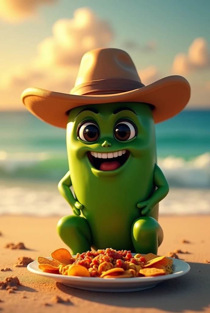 Black-eyed jalapeño pepper wearing a cowboy hat and eating chilaquiles on the beach 
