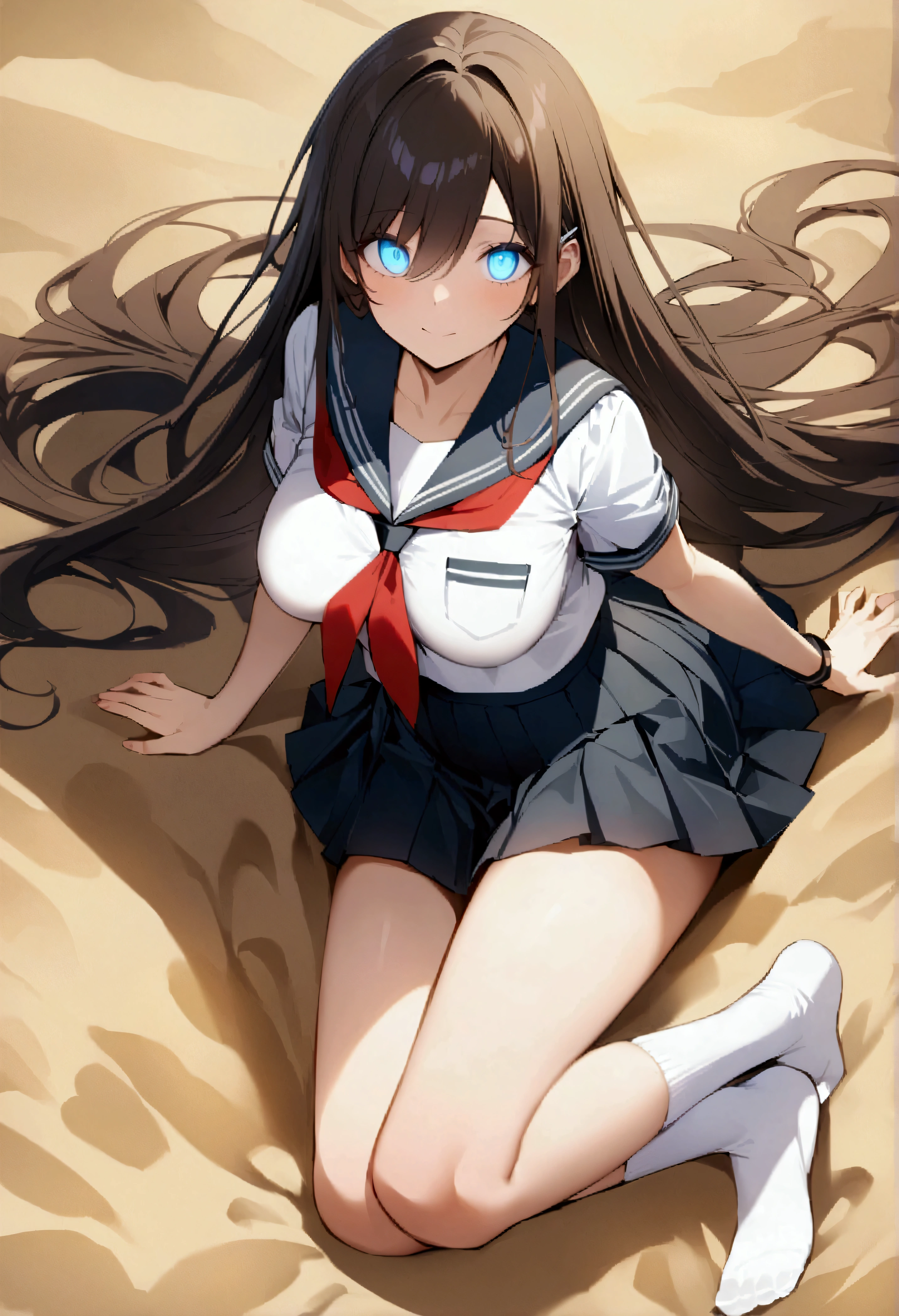 score_9、score_8_up、score_7_up、score_6_up、score_5_up、score_4_up、、Misa Suzuhara、Long Hair、Black Hair、Very long hair、Hair between the eyes、skirt、school uniform、プリーツskirt、Sailor suit、socks、Firm breasts、 1 person、One person、Watching the viewer、masterpiece、High resolution、Highly detailed face、Highly detailed glowing eyes、Symmetrical and highly detailed eyes、whole body、foot、Beach、sand