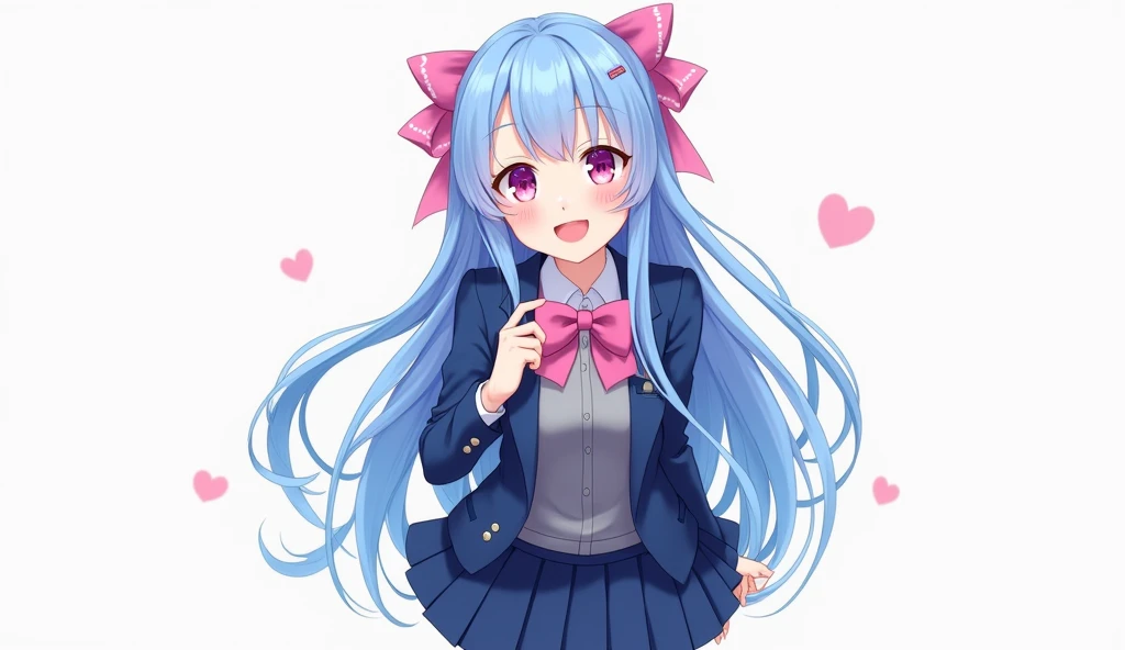 blue hair, be happy, smile, blue short hair, smooth and straight, pink eyes,Beth.,Spiritual World,((table top)),((best quality)), 1 girl comes in, jacket, (alone:1.6), hair accessories, pink eyes, bow, bow tie, pink bow tie, fashion suit jacket, Pink bow, look at viewer, Gray sweater, Blue school uniform, coat, Blue pleated mini skirt , (simple background:1.6), (white background:1.6) (realistic, realistic,:1.1) Dynamic angle, Random pose