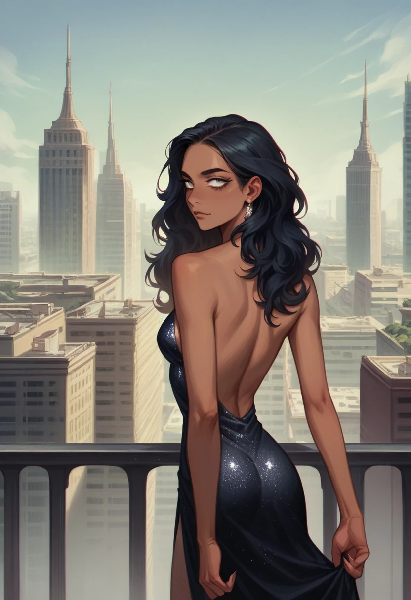 long wavy black hair, tanned skin, slim figure, sharp jawline, bright eyes, in a luxurious hotel lobby, in an elegant evening gown, A confident woman with long wavy black hair, wearing a black evening gown, standing on a city rooftop with the skyline in the background, realistic, use the same girl on the last picture, same face