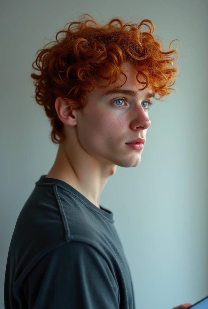 Curly red haired guy with blue eyes. Standing in profile and looking at the screen. Realism.