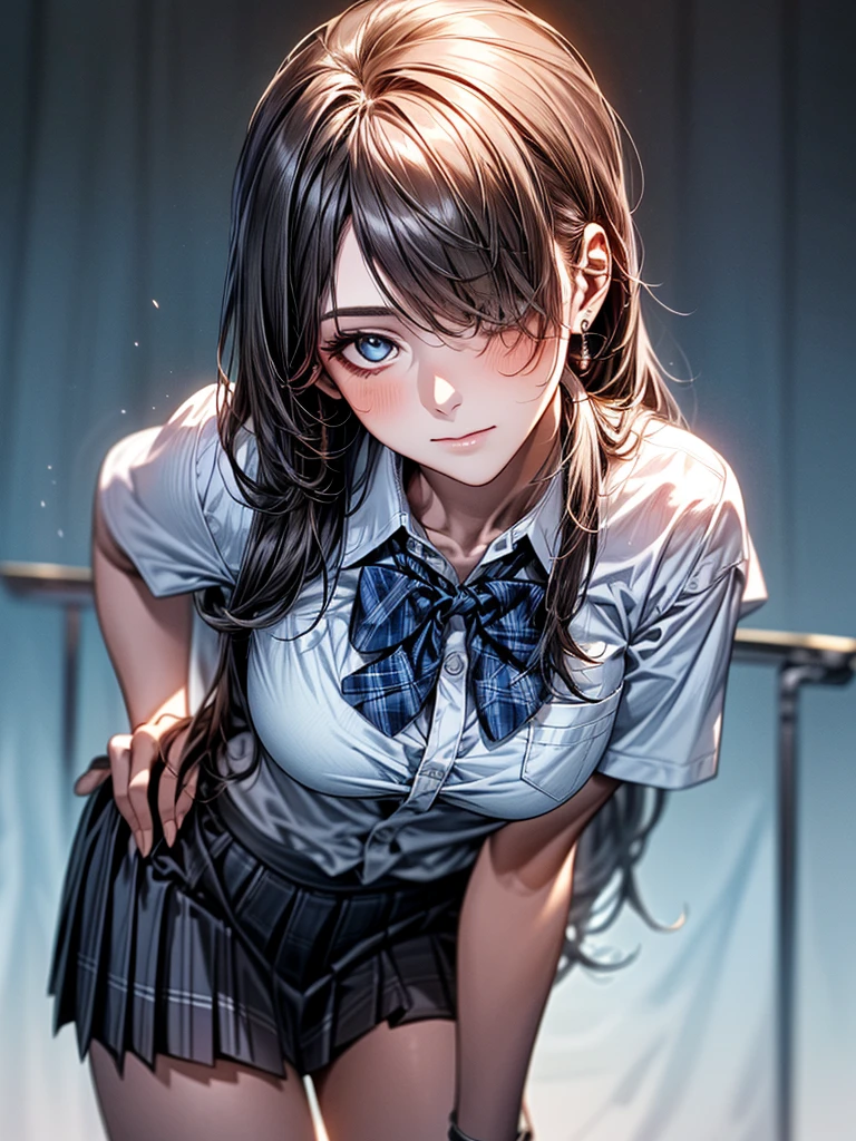 (SFW:1.5) ,Ultra high definition, High detail, Textured skin, retina, High resolution,
(masterpiece:1.2, top-quality), (realistic, photorealistic:1.4), beautiful illustration,
looking at viewer, full body, front view:0.6,
1 girl, japanese, high school girl, (long hair:1.5), blown hair, (side ponytail), hair over one eye, large breasts:0.8,
beautiful hair, beautiful face, beautiful detailed eyes, beautiful clavicle, beautiful body, beautiful chest, beautiful thigh, beautiful legs, beautiful fingers,
(beautiful scenery), School zone
((collared short sleeve shirt, white shirt, , grey plaid pleated skirt, blue plaid bow tie)), open chest shirt、
(Are standing、slouch, grab the hem of the skirt, hands on chest, hand between leglush,(Leaning forward:1.5)(Portrait Angle)