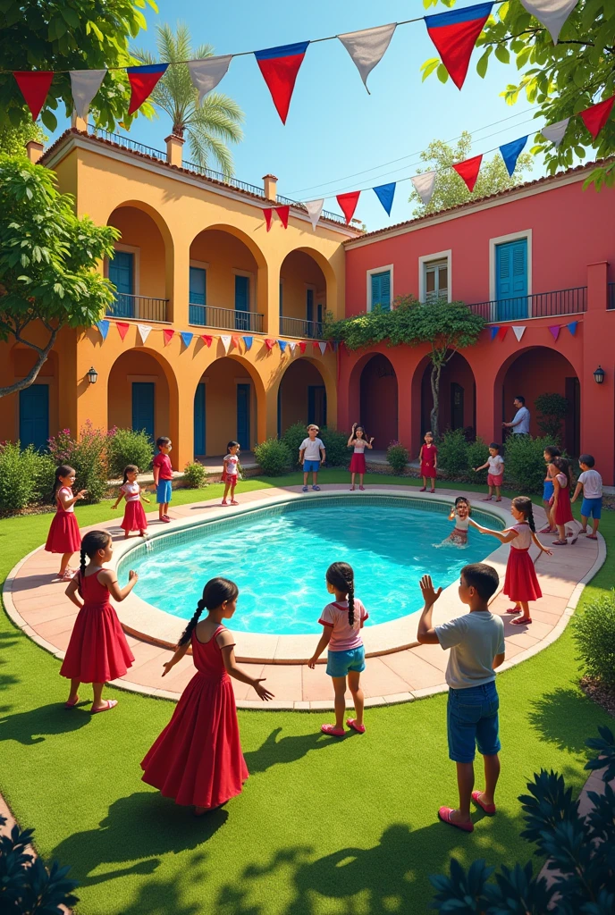 Image of boys and girls playing in the courtyard during Chilean national holidays , around a swimming pool with artificial grass in 2024, with decoration of Chilean flags in the form of garlands,