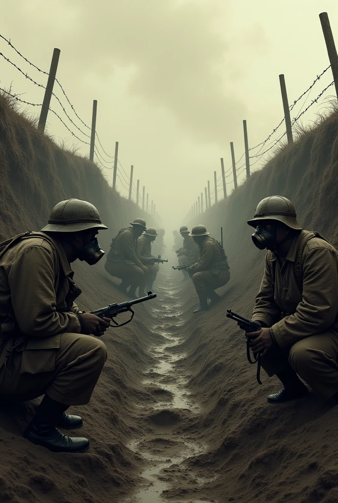 Hello, Please create a picture of World War I. realist. In the trenches. With gas masks, and that on the other side of the trenches are the enemies with gas masks and weapons.