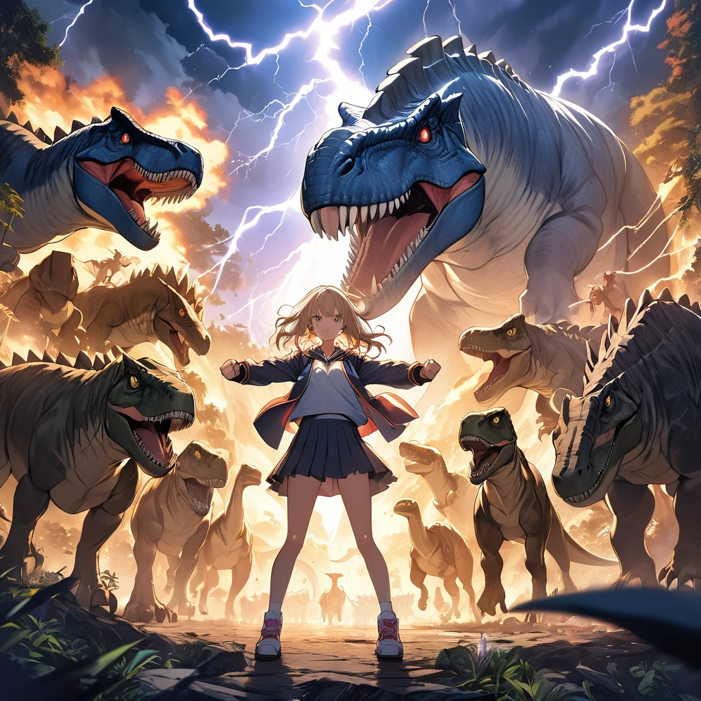 A masterpiece, a boldly drawn anime-style illustration, detailed drawings, humorous and crazy. A high school girl, cinematic lighting, a transformative and stimulating theme of "awakening", a high school girl standing up strong with clenched fists, a determined face. The background is an image of dinosaurs and wild animals, and lightning.