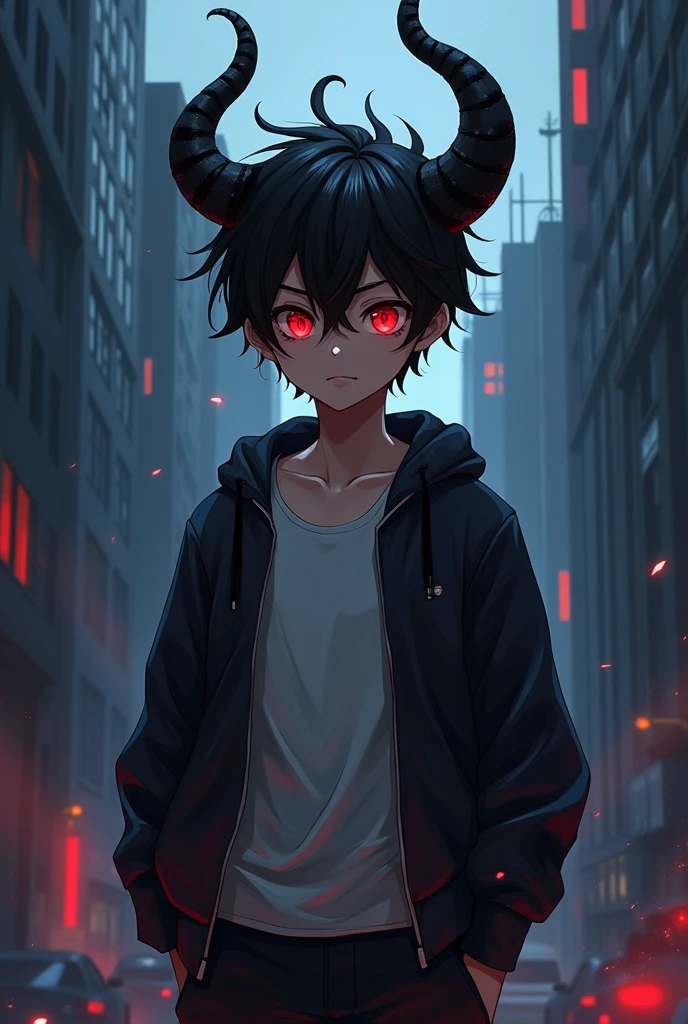 Anime. . . Demon. Black messy hair. Red glowing eyes. Black demons horns. Standing in a dark city. Supernatural. Cute. Intimidating. 