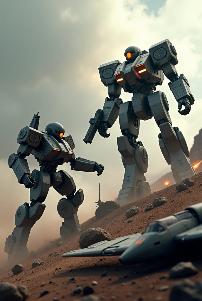 Create a image war robots battle field where 2 robots fighting each other one robot is on top of hill and other is down of the hill and beside of this robot half plane lying on the land create a image in perspective which was to draw this i just mentioned to you